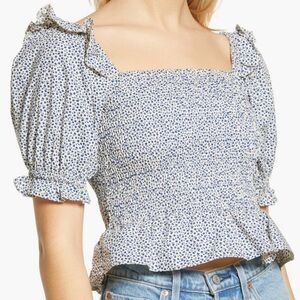 Topshop Blue Floral Puff Sleeve Top